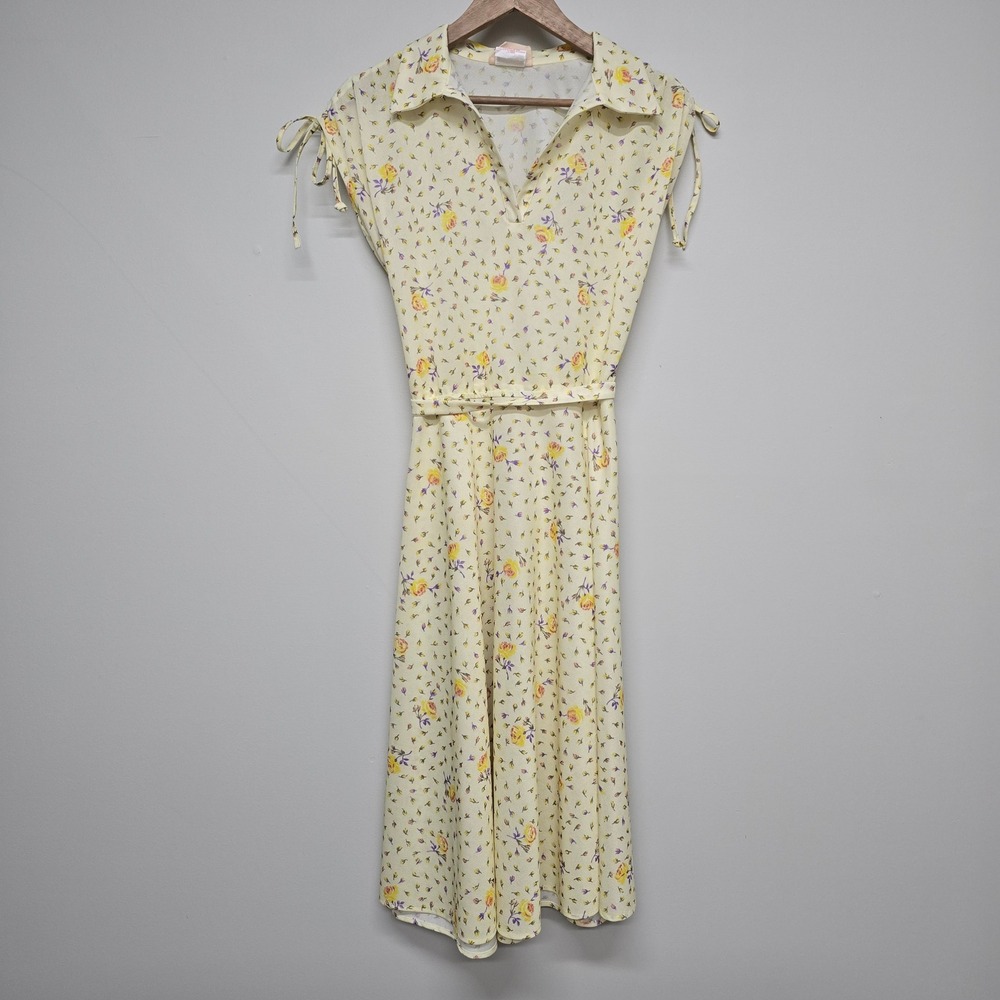Sears Place De La Mode Vintage Floral Midi Dress Womens 16 Yellow Cottagecore